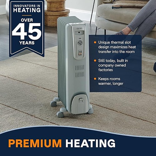 De'Longhi 1500W Oil-Filled Radiator Space Heater Adjustable Thermostat 3 Heat Settings Energy Saving Safety Features - Light Gray