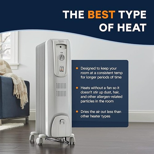 De'Longhi 1500W Oil-Filled Radiator Space Heater Adjustable Thermostat 3 Heat Settings Energy Saving Safety Features - Light Gray