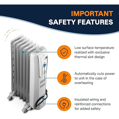 De'Longhi 1500W Oil-Filled Radiator Space Heater Adjustable Thermostat 3 Heat Settings Energy Saving Safety Features - Light Gray