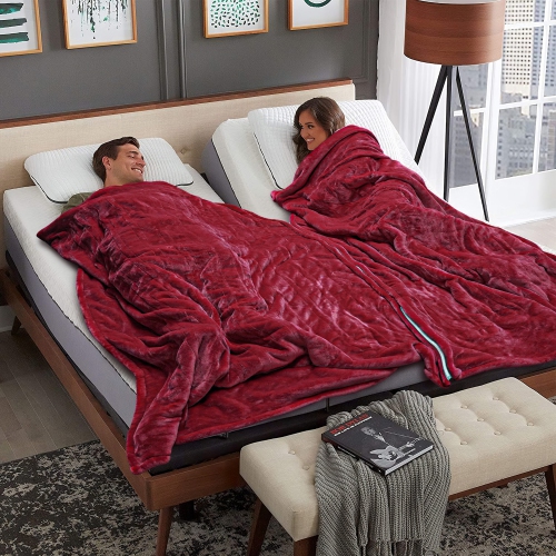 Couverture chauffante 2-en-1 SUMKEA, manette double, couverture amovible vers deux couvertures - velours rouge