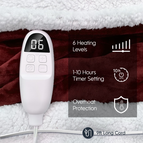 Couverture chauffante 2-en-1 SUMKEA, manette double, couverture amovible vers deux couvertures - velours rouge