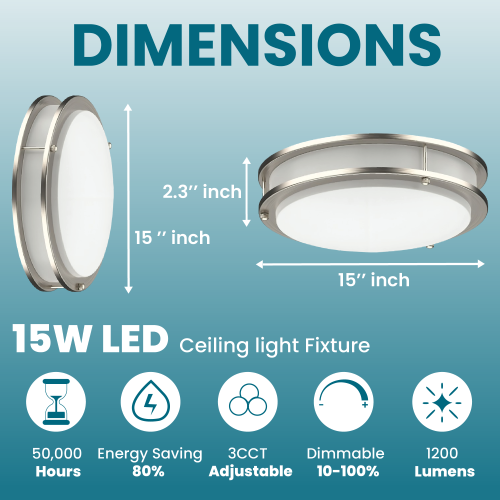 LED 15 Inch Flush Mount Ceiling Light, 15W 1200LM - Dimmable Ceiling Lamp, 3CCT Selectable, Brushed Nickel Light for Bedroom, Kitchen, Hallway (Pack