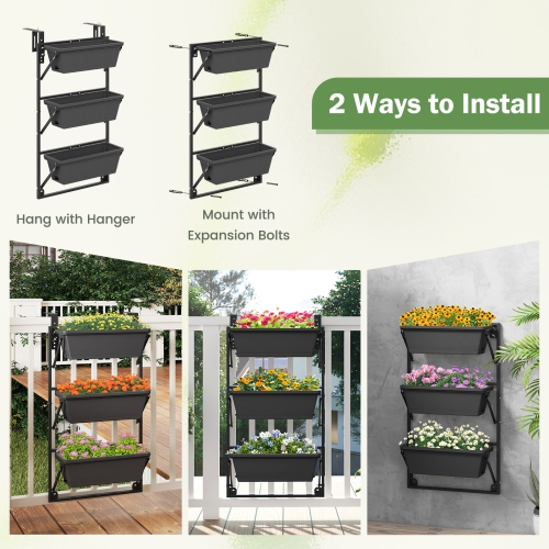 Costway Hanging Vertical Planter with 3 Planter Boxes & Detachable Hooks for Flowers