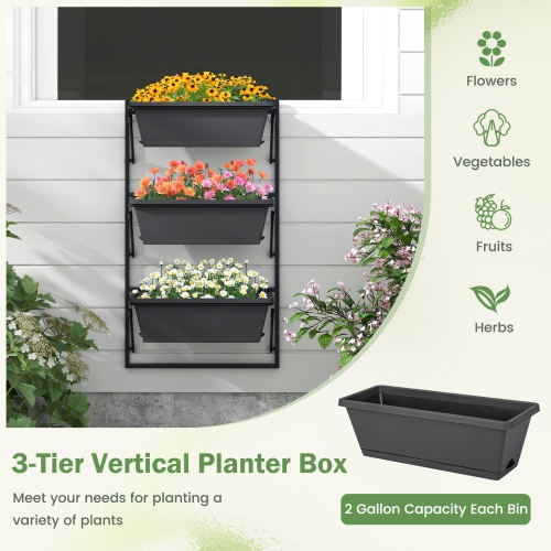 Costway Hanging Vertical Planter with 3 Planter Boxes & Detachable Hooks for Flowers