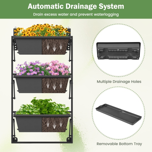 Costway Hanging Vertical Planter with 3 Planter Boxes & Detachable Hooks for Flowers
