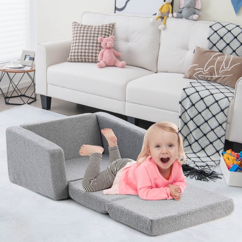 Honeyjoy 2-in-1 Toddler Fold out Couch Children's Convertible Sofa to Lounger Grey