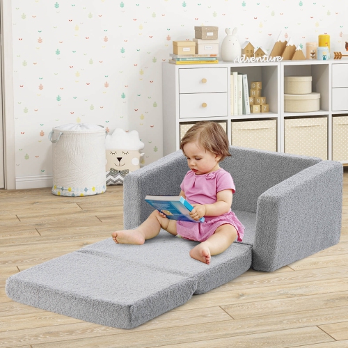 Honeyjoy 2-in-1 Toddler Fold out Couch Children's Convertible Sofa to Lounger Grey
