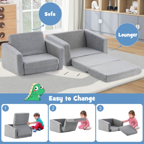 Honeyjoy 2-in-1 Toddler Fold out Couch Children's Convertible Sofa to Lounger Grey