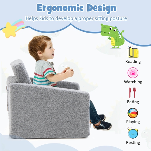 Honeyjoy 2-in-1 Toddler Fold out Couch Children's Convertible Sofa to Lounger Grey