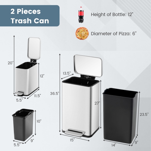 Costway 2 Pack Trash Can Combo Set with Step-on Pedal Removable Inner Buckets for Kitchen