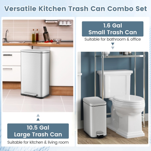 Costway 2 Pack Trash Can Combo Set with Step-on Pedal Removable Inner Buckets for Kitchen