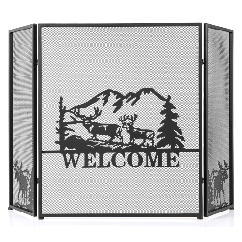 COSTWAY  52 X 31 In Fireplace Screen 3-Panel Spark Guard With Natural Scenery, Moose Pattern