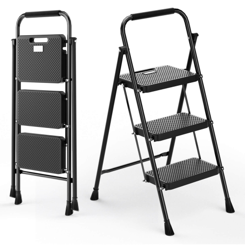 Goplus Folding Step Ladder Portable 3 Step Ladder with Safety Handrails & Anti-slip Pedals