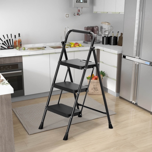 Goplus Folding Step Ladder Portable 3 Step Ladder with Safety Handrails & Anti-slip Pedals