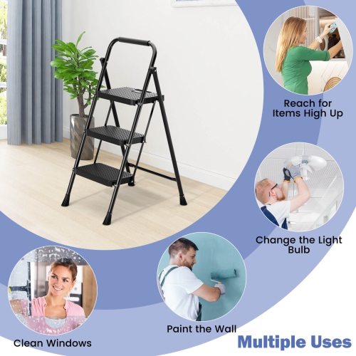 Goplus Folding Step Ladder Portable 3 Step Ladder with Safety Handrails & Anti-slip Pedals