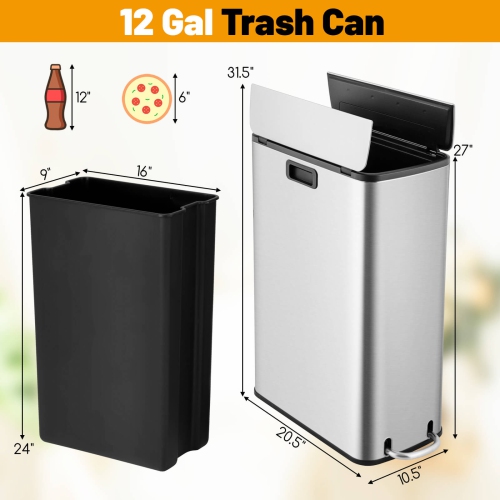 Costway 12 Gallon Wings Open Lid Trash Can with Soft-Closing Lids & Removable Inner Bucket