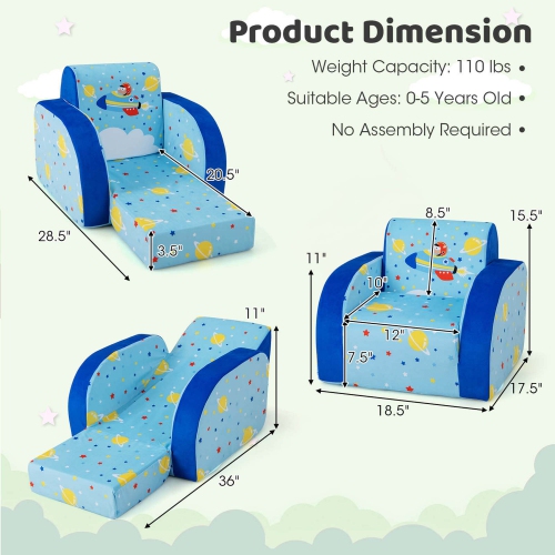Fauteuil de relaxation convertible 3-en-1 avec divan pour enfants multifonction de Costway