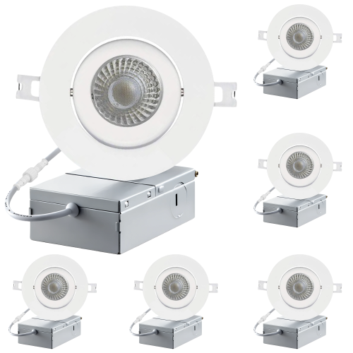 LED 4-Inch White Gimbal Recessed Slim LED Pot Lights with Junction Box, 4000K Natural White Dimmable 7W 60W Equivalent, IC Rated 560LM, Damp Rated
