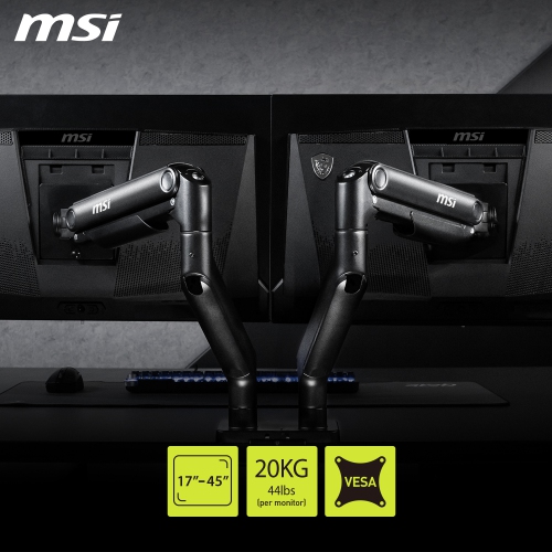 MSI MPG MT201D - Premium Heavy Duty Dual Monitor Stand Arms, 17-45" Support, VESA Compatible, Adjustable Spring Assisted Mount - Black