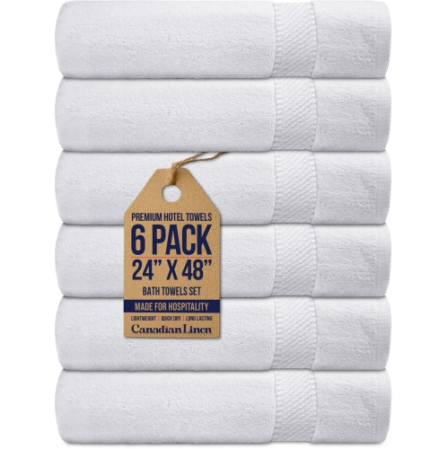 Ensemble de 6 serviettes de bain blanches en lin impérial, 24 x x48 po, léger, anneau absorbant doux, essuie-tout en coton filé pour salle de bain
