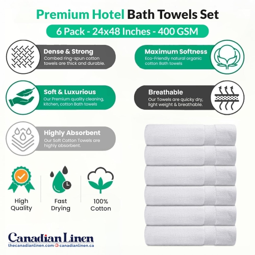 Ensemble de 6 serviettes de bain blanches en lin impérial, 24 x x48 po, léger, anneau absorbant doux, essuie-tout en coton filé pour salle de bain