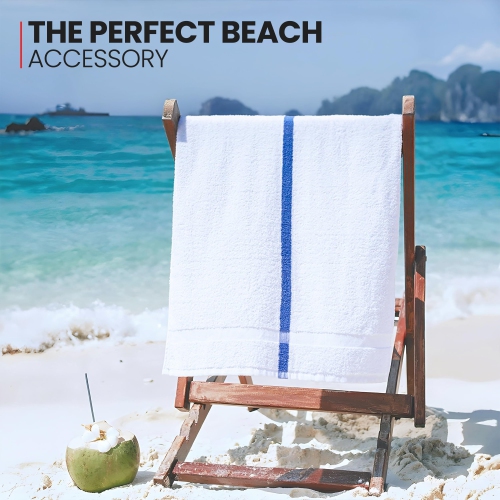 Canadian Linen Pool Towels Set, 6 Pack, White with Blue Stripe 24x48 inches, Soft Absorbent Lightweight Quick Dry Cotton Towels for Bathroom Beach