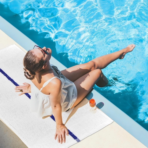 Canadian Linen Pool Towels Set, 6 Pack, White with Blue Stripe 24x48 inches, Soft Absorbent Lightweight Quick Dry Cotton Towels for Bathroom Beach