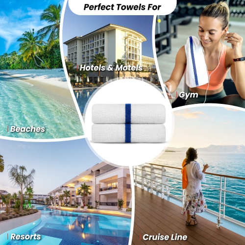 Canadian Linen Pool Towels Set, 6 Pack, White with Blue Stripe 24x48 inches, Soft Absorbent Lightweight Quick Dry Cotton Towels for Bathroom Beach