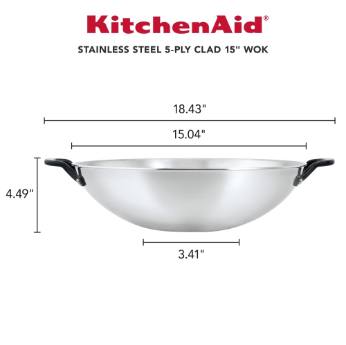 KitchenAid 5-Ply Clad Stainless Steel Wok, 15-Inch, Polished Stainless Steel