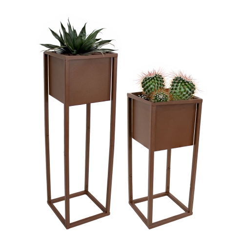 Sunnydaze Modern Simplicity 8.25" Square Planters - 19.75" H and 27" H - Brown