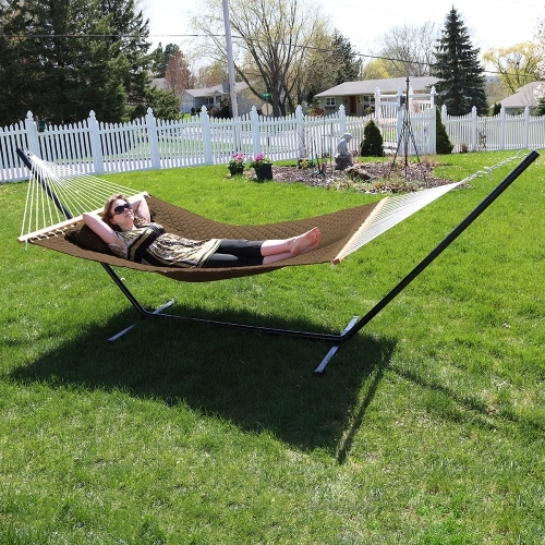 Sunnydaze 2-Person Quilted Fabric Hammock with Steel Stand - Brown