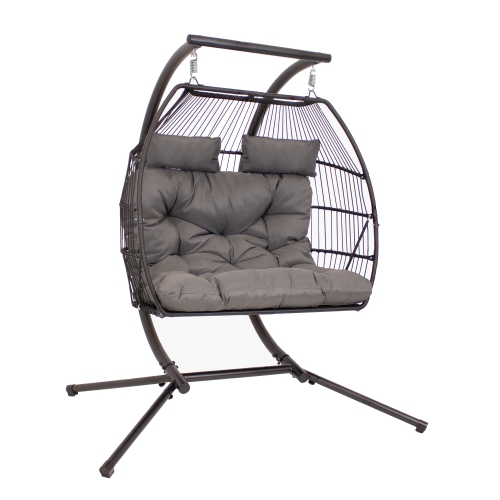 Sunnydaze Polyrattan Andrei Double Egg Chair with Stand and Cushion - Gray