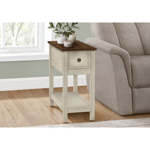 Monarch Specialties I 3962 - Side Table, End, Accent Table, 2 Tier, Narrow, Bedroom, Lamp, Storage Drawer, Antique White Veneer, Brown Veneer,