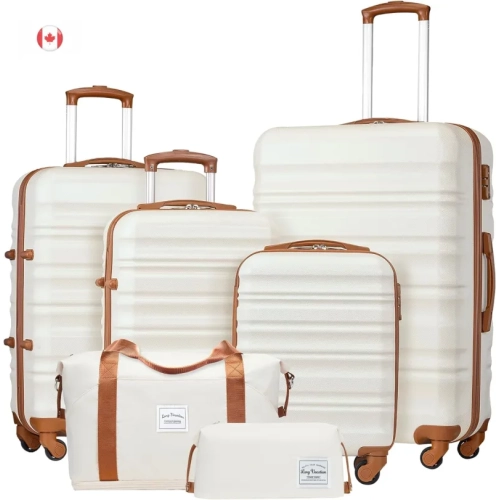 LONG VACATION  6 Piece Luggage Set | Abs Hardshell With Tsa Lock, Spinner Wheels, Carry-On Suitcase (White-Brown)