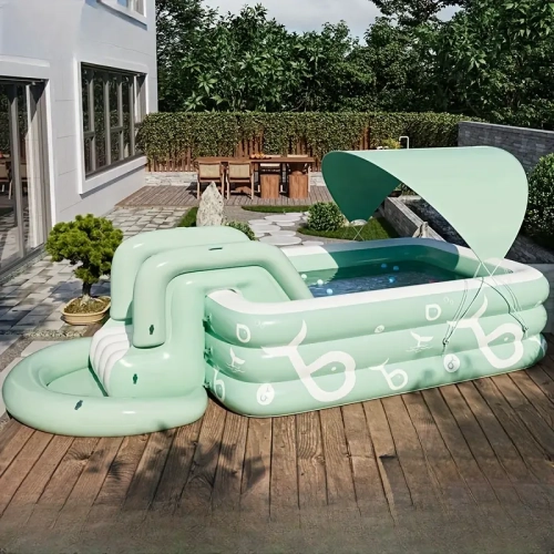 Luxury Spacious Deluxe Inflatable Pool Set | Slide, Sunshade, Foot Pump & Repair Kit - Large Size 103.15" X 68.9" X 23.62"