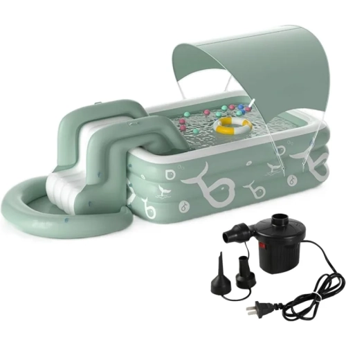 Luxury Spacious Deluxe Inflatable Pool Set | Slide, Sunshade, Foot Pump & Repair Kit - Large Size 103.15" X 68.9" X 23.62"