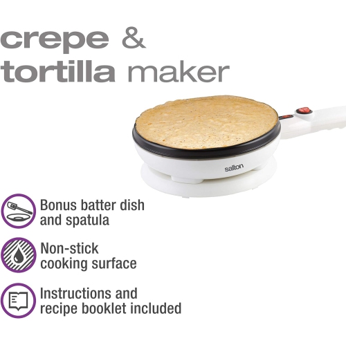 Salton Cordless Crepe Maker & Tortilla Maker - With Bonus Batter Dish & Spatula, Non-Stick Cooking Surface & Automatic Temperature Control for 7.5"