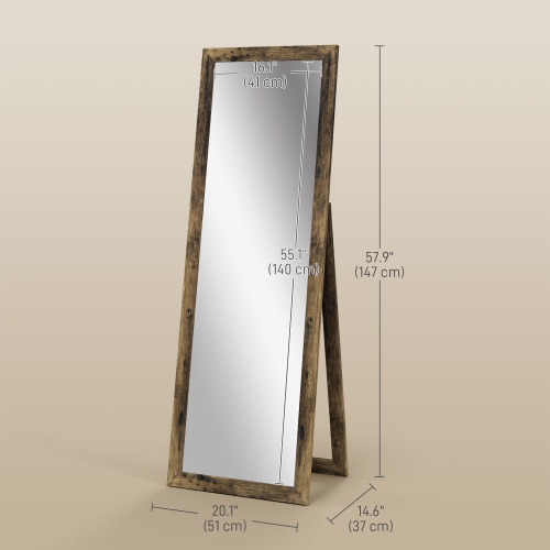 HOMCOM 58" x 20" Full Length Mirror with Frame, Floor Standing Mirror, Rectangular Full Body Mirror for Bedroom, Living Room, Rustic Brown