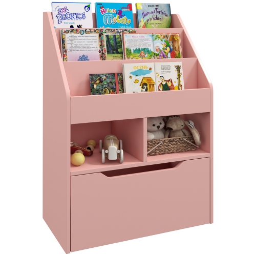 HOMCOM Kids Bookcase Multi-Shelf Rack Organizer with Storage Drawer for Books for Reading Nook, Classroom, Bedroom, Playroom, Pink