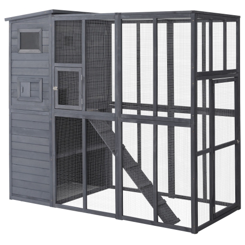 PawHut Large Catio Outdoor Cat Enclosure Weatherproof Cat House with Cat Condo, Indoor Wooden Cat Cage Pet Kennel, 77"L x 37"W x 69"H, Grey