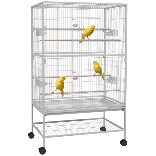 PawHut 52" Large Rolling Steel Bird Cage Bird House with Rolling Stand, Storage Shelf, Wood Perch, Food Container, Grey