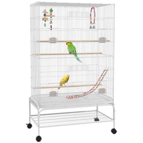 PawHut 52" Bird Cage for Budgies Cockatiels Canaries Lovebirds Finches with Rolling Stand, Toys, Removable Tray, Storage Shelf, White