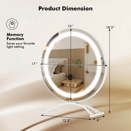 Costway 16" Round Makeup Vanity Mirror 3 Color Dimmable Lights Memory Function