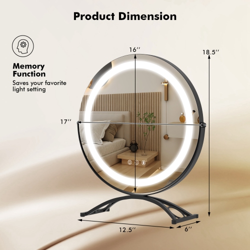 Costway 16" Round Makeup Vanity Mirror 3 Color Dimmable Lights Memory Function