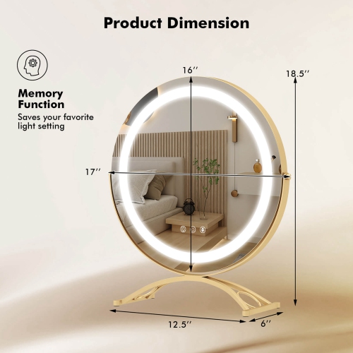 Costway 16" Round Makeup Vanity Mirror 3 Color Dimmable Lights Memory Function