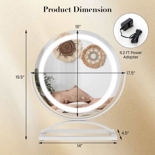 Miroir de maquillage rond de 16 po avec éclairage 3 couleurs à intensité réglable et commandes tactiles de Costway - Noir-doré-blanc