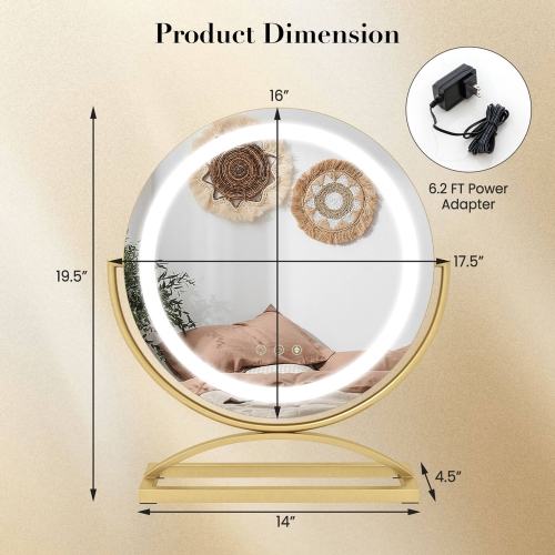 Miroir de maquillage rond de 16 po avec éclairage 3 couleurs à intensité réglable et commandes tactiles de Costway - Noir-doré-blanc