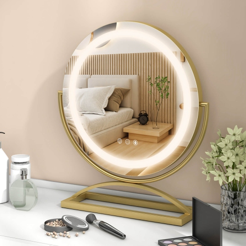 Miroir de maquillage rond de 16 po avec éclairage 3 couleurs à intensité réglable et commandes tactiles de Costway - Noir-doré-blanc