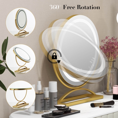 Miroir de maquillage rond de 16 po avec éclairage 3 couleurs à intensité réglable et commandes tactiles de Costway - Noir-doré-blanc