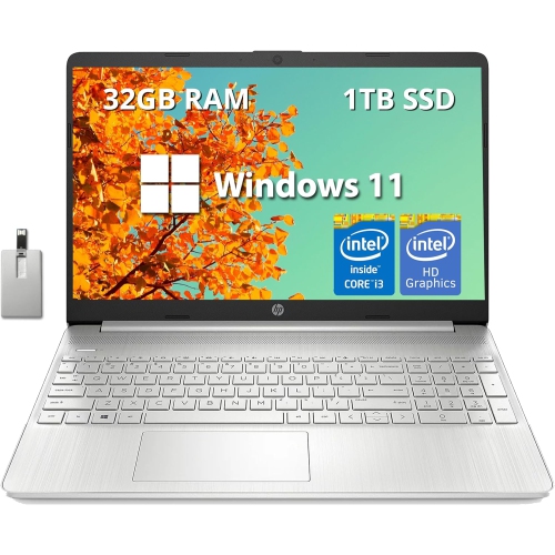 HP 15.6" FHD Laptop, Intel Core i3-1215U Processor, 1TB PCIe SSD, 32GB RAM, Intel HD Graphics, Bluetooth, 720p HD camera, HDMI, Wi‑Fi, Win 11,